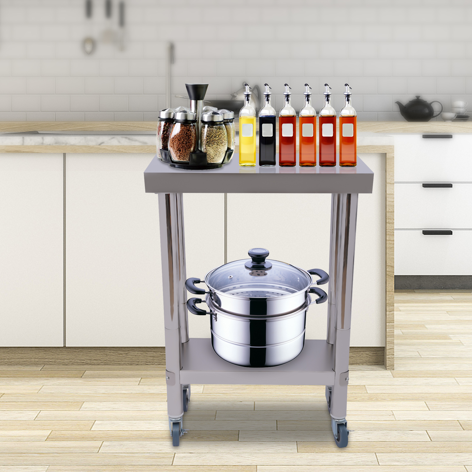 Commercial Kitchen Prep Table With Storage - Stainless Steel Kitchen Worktop Cart, 2-Tier