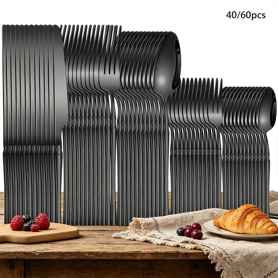 Commercial Kitchen Knives - 40/60-piece black stainless steel cutlery set,
