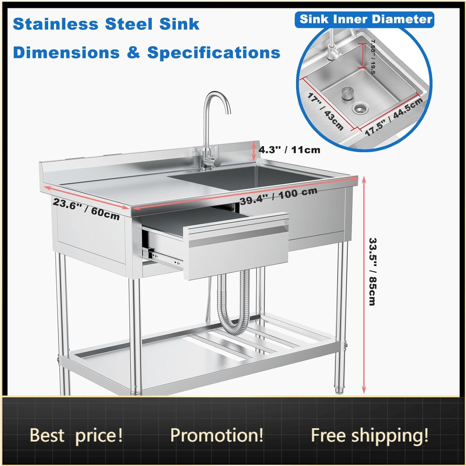 Commercial Kitchen Plumbing - Stainless Steel Utility Sink with Drawers