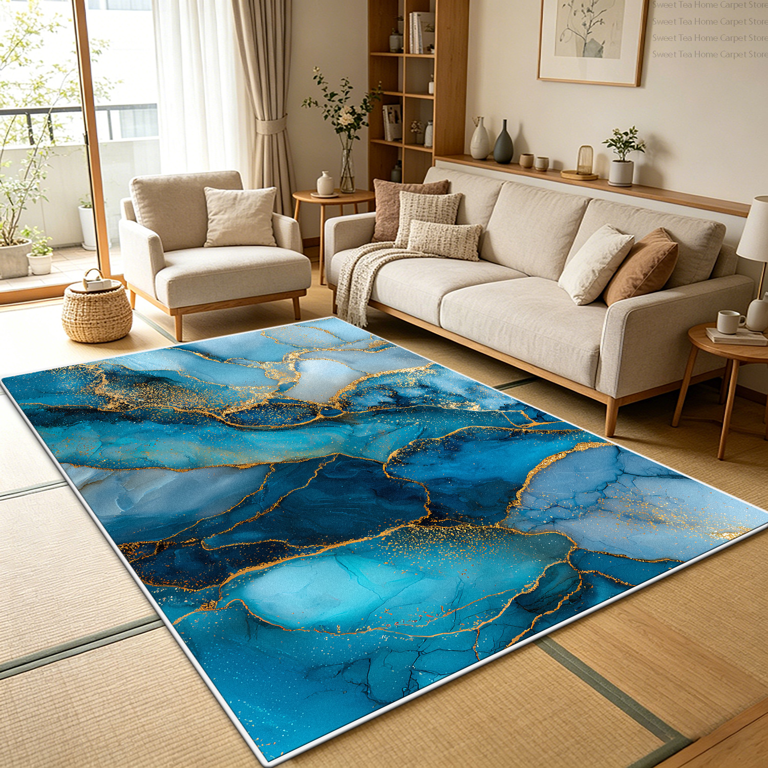 Commercial Kitchen Non Slip Flooring - Luxury Blue Gold Marble Living Room
